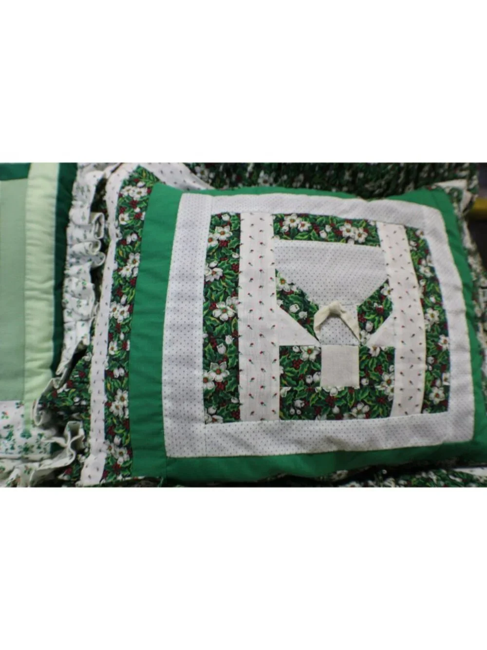Set 2 Handmade Ruffled Quilted Throw Pillows Holiday Green White Holly Pattern
